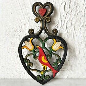 Vintage Cast Iron Trivet Folk Art Red Bird of Happiness with Flowers Heart Shape